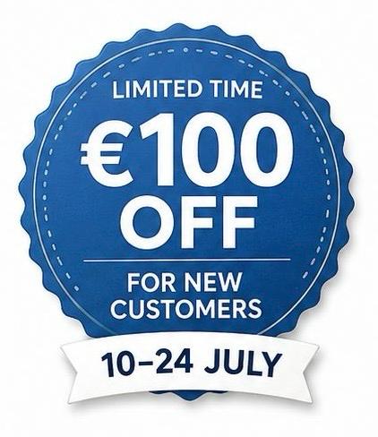 €100 rabatt för nya kunder 10-24 juli